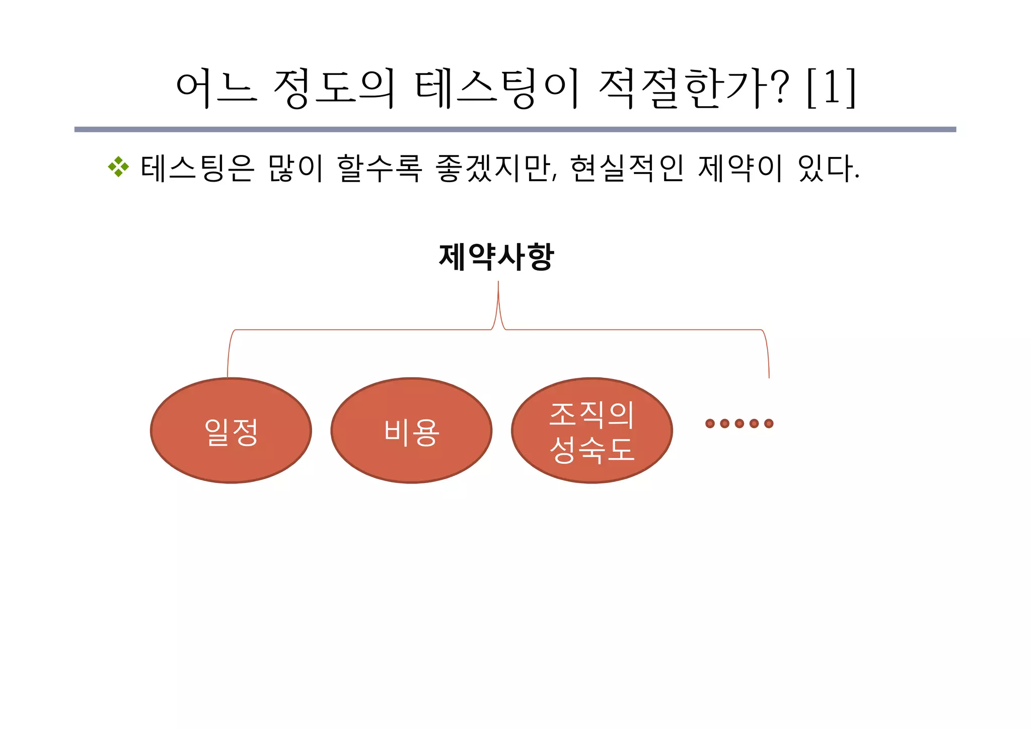 어느 정도의 테스팅이 적절한가? [1]
v 테스팅은 많이 할수록 좋겠지만, 현실적인 제약이 있다.
일정 비용
조직의
성숙도
제약사항
 