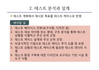 2. 테스트 분석과 설계
v 테스트 계획에서 제시된 목표를 테스트 케이스로 반영
1. 테스트 베이시스 리뷰(요구사항, 디자인 등)
2. 테스트 대상 아이템 또는 명세, 구조 분석을 통해 테스트
상황을 식별하고 우선 순위 선정
3. 테스트 케이스 설계와 우선 순위 선정
4. 비공식적인 기법으로 테스트 케이스 추가 도출 및 보완
5. 테스트 상황과 테스트 케이스에 필요한 테스트 데이터 식
별
6. 테스크 환경 구축에 대한 디자인과 요구되는 기반 시설 및
도구 식별
해야할 일
 