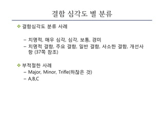 결함 심각도 별 분류
v 결함심각도 분류 사례
– 치명적, 매우 심각, 심각, 보통, 경미
– 치명적 결함, 주요 결함, 일반 결함, 사소한 결함, 개선사
항 (37쪽 참조)
v 부적절한 사례
– Major, Minor, Trifle(하찮은 것)
– A,B,C
 