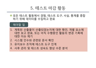 5. 테스트 마감 활동
v 모든 테스트 활동에서 경험, 테스트 도구, 사실, 통계를 종합
하기 위해 데이터를 수집하고 완료
1. 계획된 산출물이 산출되었는지에 대한 확인, 개별 요소에
대한 보고 완료, 또는 아직 수행중인 활동의 변경 기록에
대한 이슈 제기
2. 시스템 인수와 관련된 문서 확인
3. 유지보수 조직에 테스트 도구 인계
4. 사후 관리 및 테스트 성숙도 향상 수준 분석
해야할 일
 