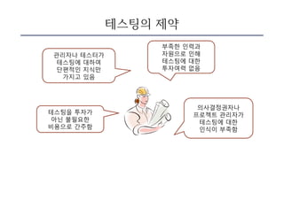 테스팅의 제약
테스팅을 투자가
아닌 불필요한
비용으로 간주함
관리자나 테스터가
테스팅에 대하여
단편적인 지식만
가지고 있음
부족한 인력과
자원으로 인해
테스팅에 대한
투자여력 없음
의사결정권자나
프로젝트 관리자가
테스팅에 대한
인식이 부족함
 