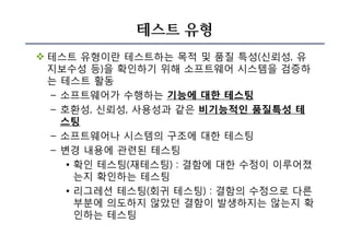 테스트 유형
v 테스트 유형이란 테스트하는 목적 및 품질 특성(신뢰성, 유
지보수성 등)을 확인하기 위해 소프트웨어 시스템을 검증하
는 테스트 활동
– 소프트웨어가 수행하는 기능에 대한 테스팅
– 호환성, 신뢰성, 사용성과 같은 비기능적인 품질특성 테
스팅
– 소프트웨어나 시스템의 구조에 대한 테스팅
– 변경 내용에 관련된 테스팅
• 확인 테스팅(재테스팅) : 결함에 대한 수정이 이루어졌
는지 확인하는 테스팅
• 리그레션 테스팅(회귀 테스팅) : 결함의 수정으로 다른
부분에 의도하지 않았던 결함이 발생하지는 않는지 확
인하는 테스팅
 