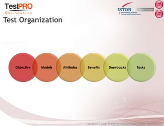 Objective Models Attributes Benefits Drawbacks Tasks
Test Organization
 