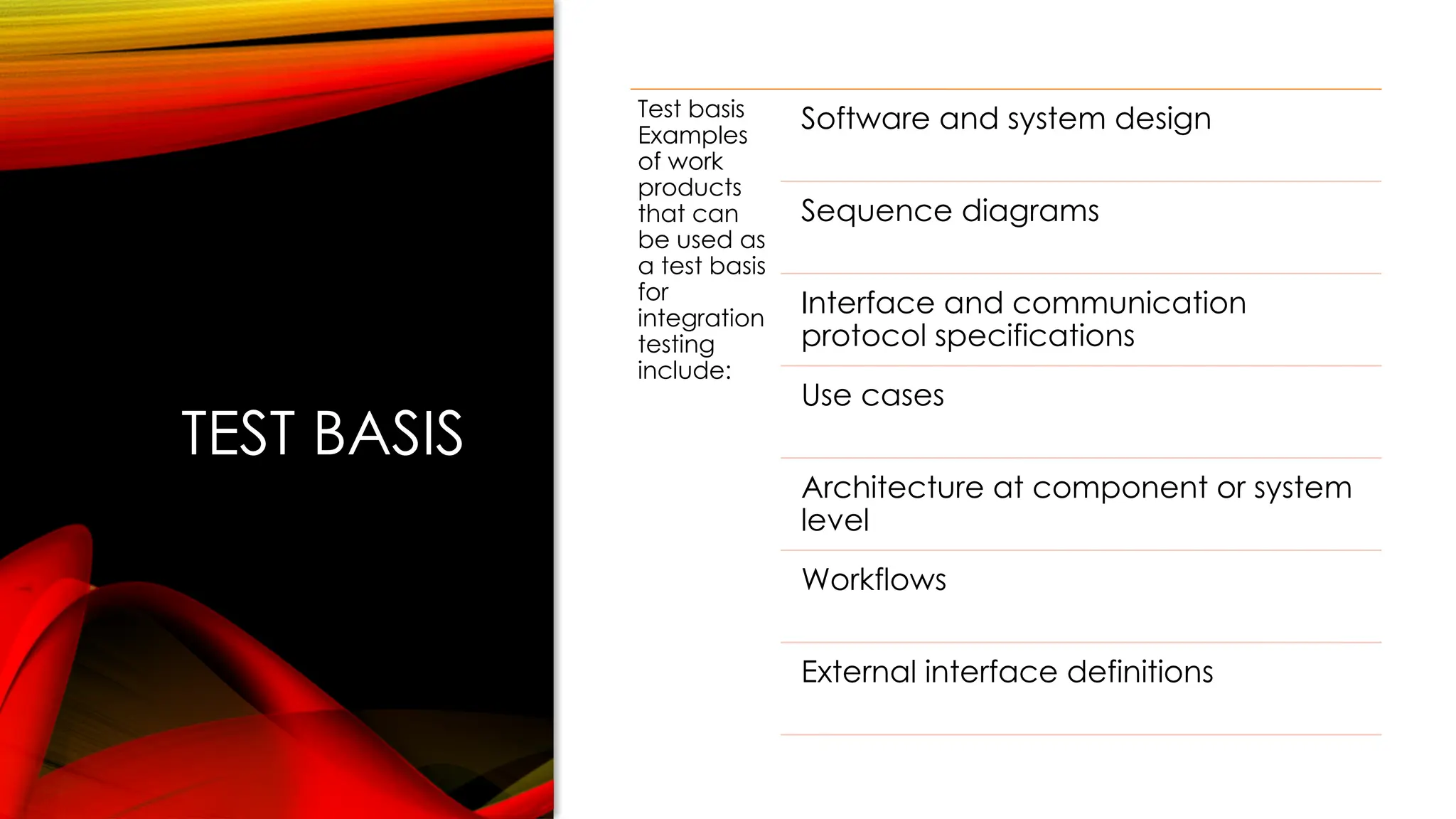 TEST BASIS
Test basis
Examples
of work
products
that can
be used as
a test basis
for
integration
testing
include:
Software and system design
Sequence diagrams
Interface and communication
protocol specifications
Use cases
Architecture at component or system
level
Workflows
External interface definitions
 