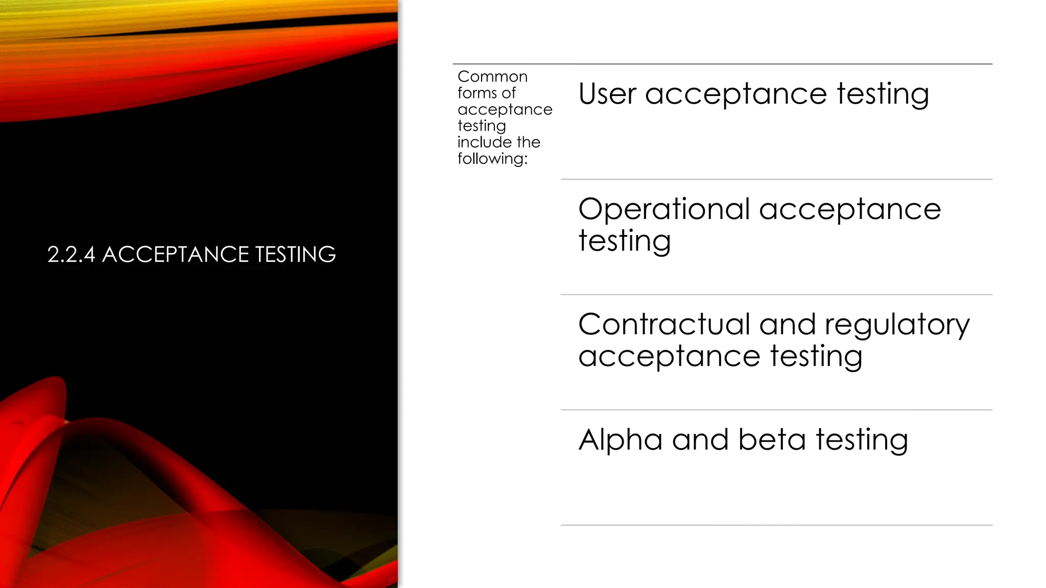 2.2.4 ACCEPTANCE TESTING
Common
forms of
acceptance
testing
include the
following:
User acceptance testing
Operational acceptance
testing
Contractual and regulatory
acceptance testing
Alpha and beta testing
 