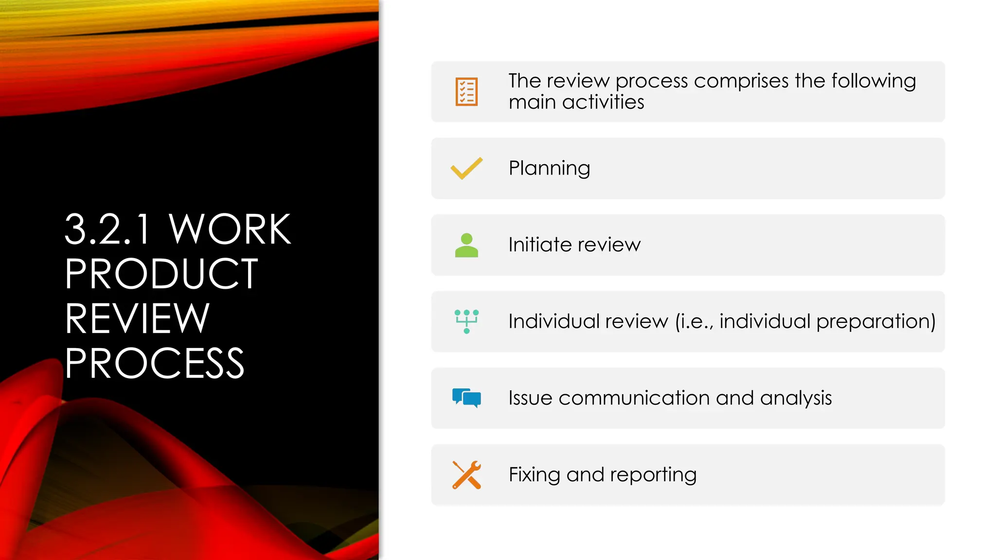 3.2.1 WORK
PRODUCT
REVIEW
PROCESS
The review process comprises the following
main activities
Planning
Initiate review
Individual review (i.e., individual preparation)
Issue communication and analysis
Fixing and reporting
 