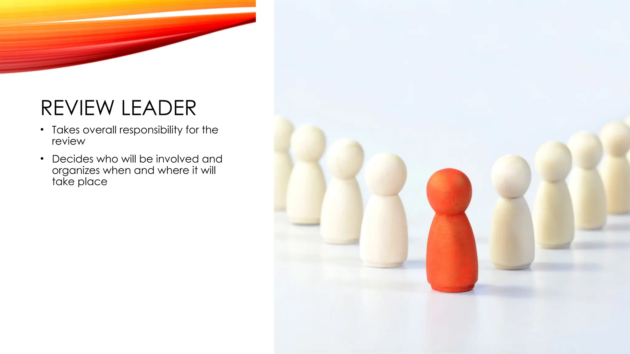 REVIEW LEADER
• Takes overall responsibility for the
review
• Decides who will be involved and
organizes when and where it will
take place
 