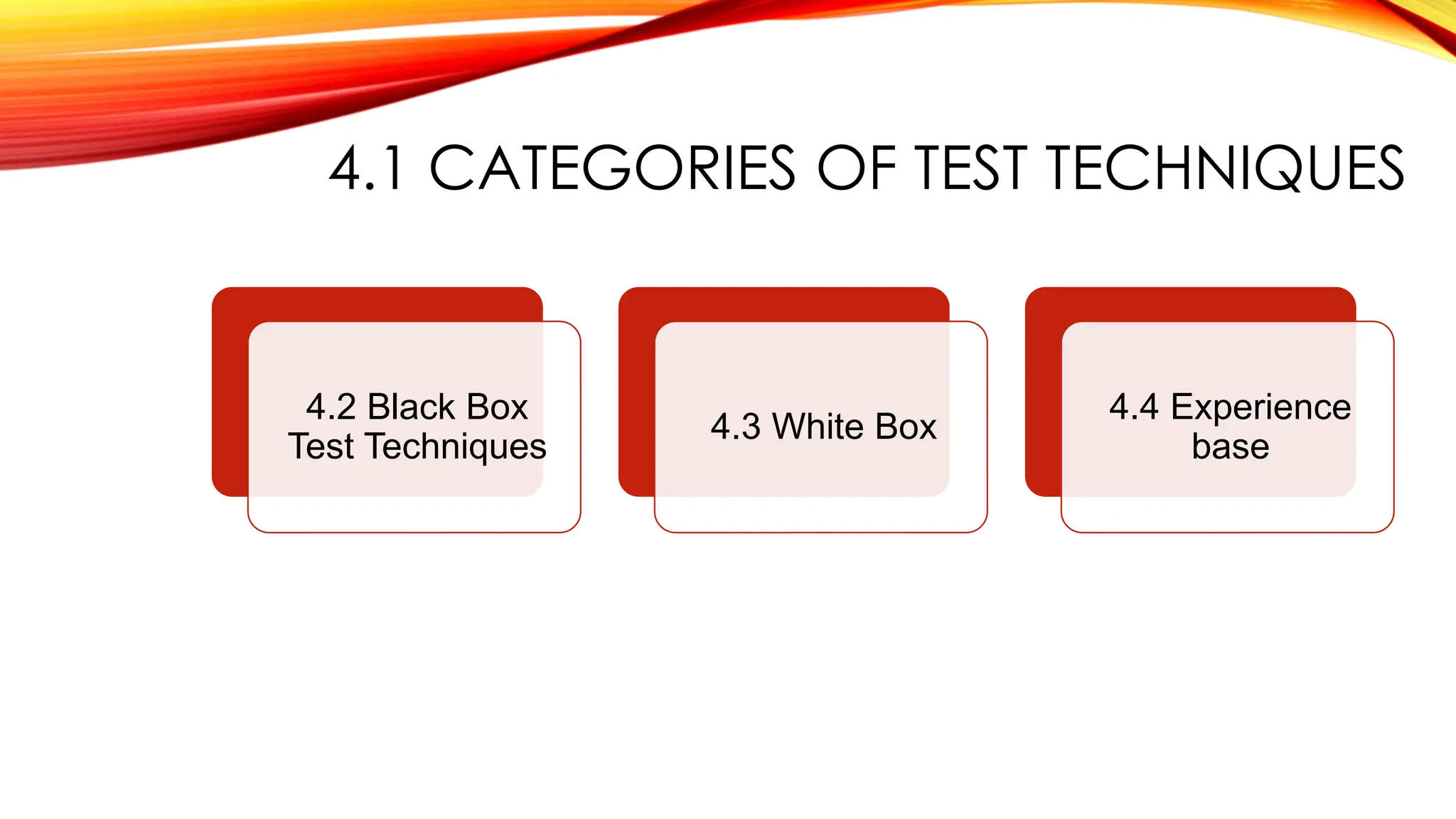 4.1 CATEGORIES OF TEST TECHNIQUES
4.2 Black Box
Test Techniques
4.3 White Box
4.4 Experience
base
 