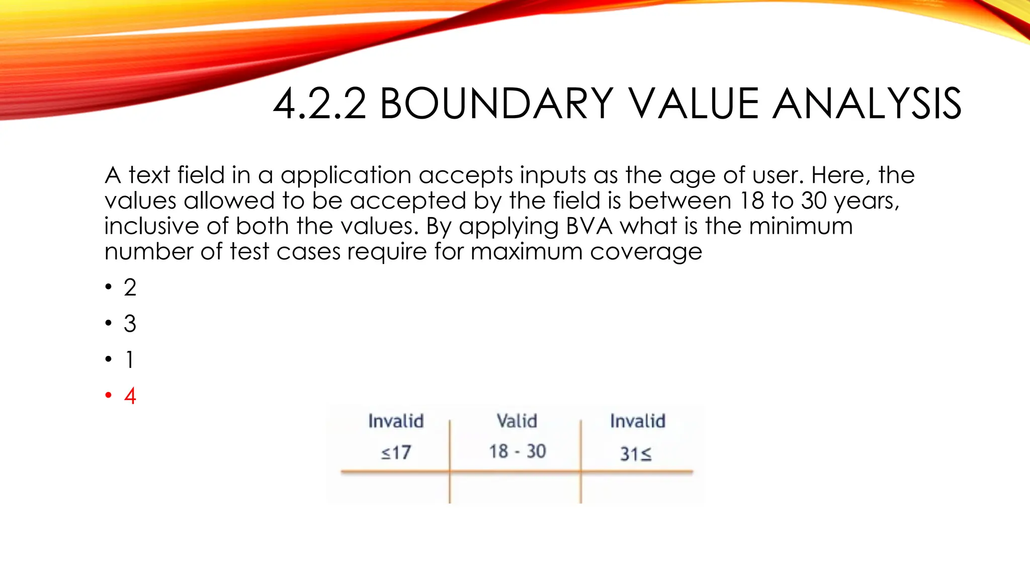 4.2.2 BOUNDARY VALUE ANALYSIS
A text field in a application accepts inputs as the age of user. Here, the
values allowed to be accepted by the field is between 18 to 30 years,
inclusive of both the values. By applying BVA what is the minimum
number of test cases require for maximum coverage
• 2
• 3
• 1
• 4
 