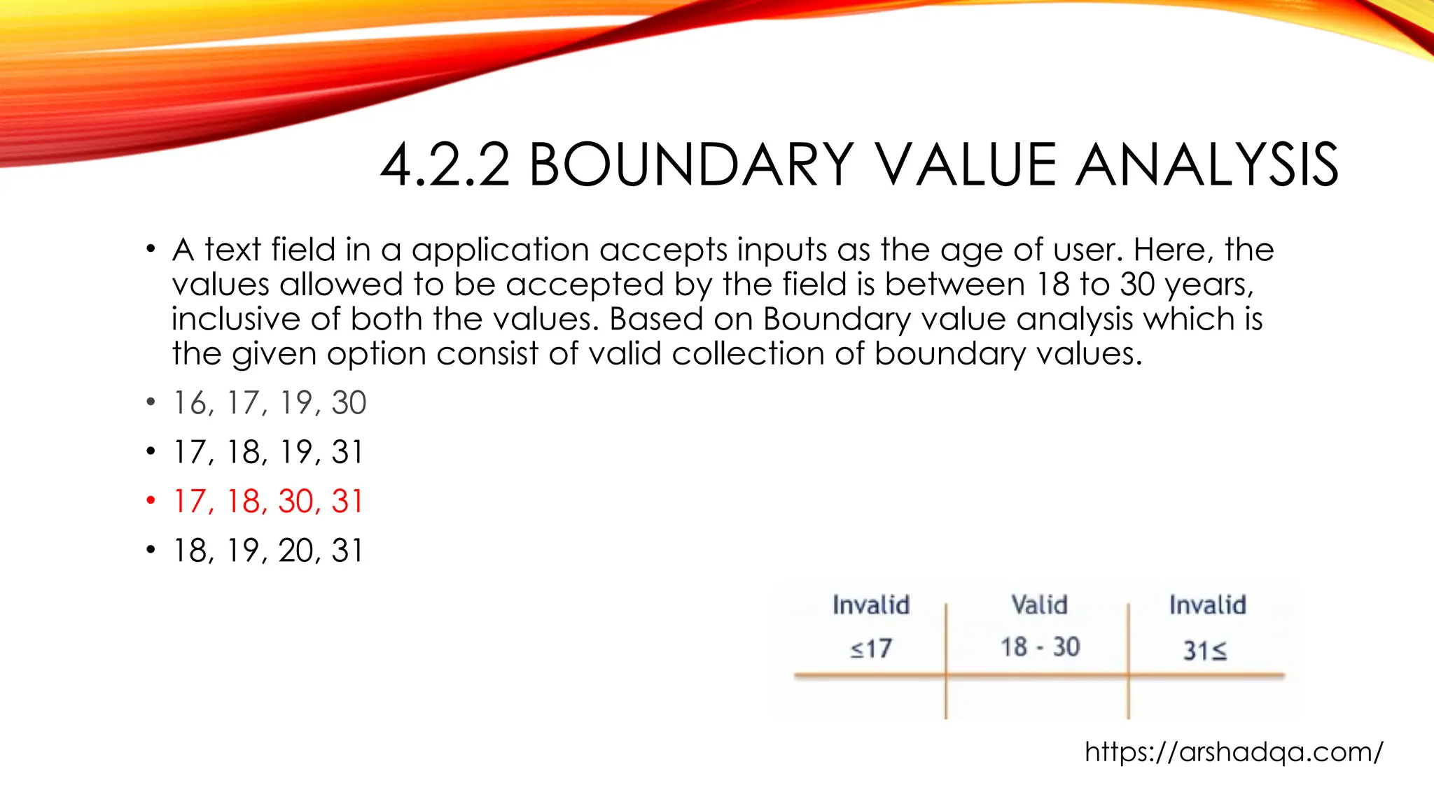 4.2.2 BOUNDARY VALUE ANALYSIS
• A text field in a application accepts inputs as the age of user. Here, the
values allowed to be accepted by the field is between 18 to 30 years,
inclusive of both the values. Based on Boundary value analysis which is
the given option consist of valid collection of boundary values.
• 16, 17, 19, 30
• 17, 18, 19, 31
• 17, 18, 30, 31
• 18, 19, 20, 31
https://arshadqa.com/
 