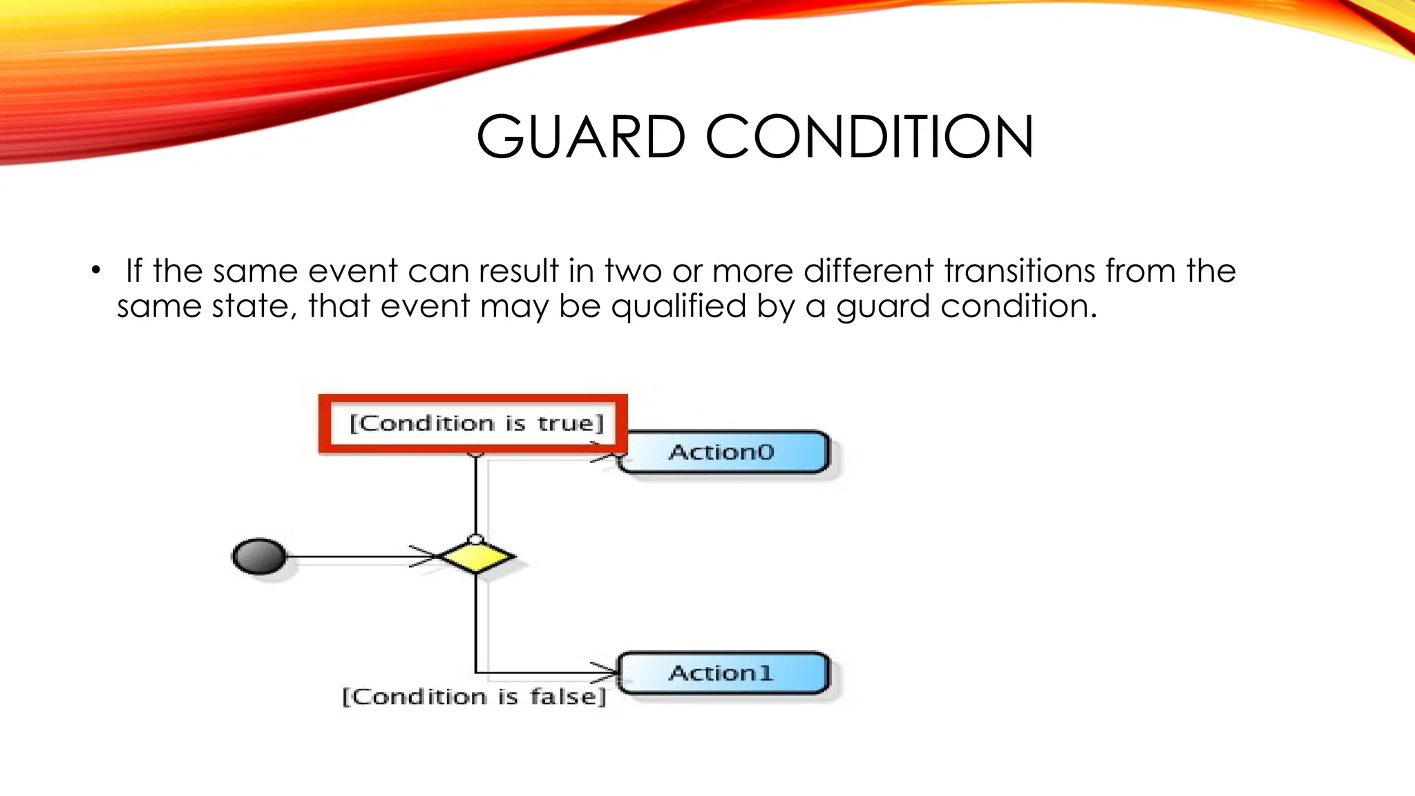 GUARD CONDITION
• If the same event can result in two or more different transitions from the
same state, that event may be qualified by a guard condition.
 