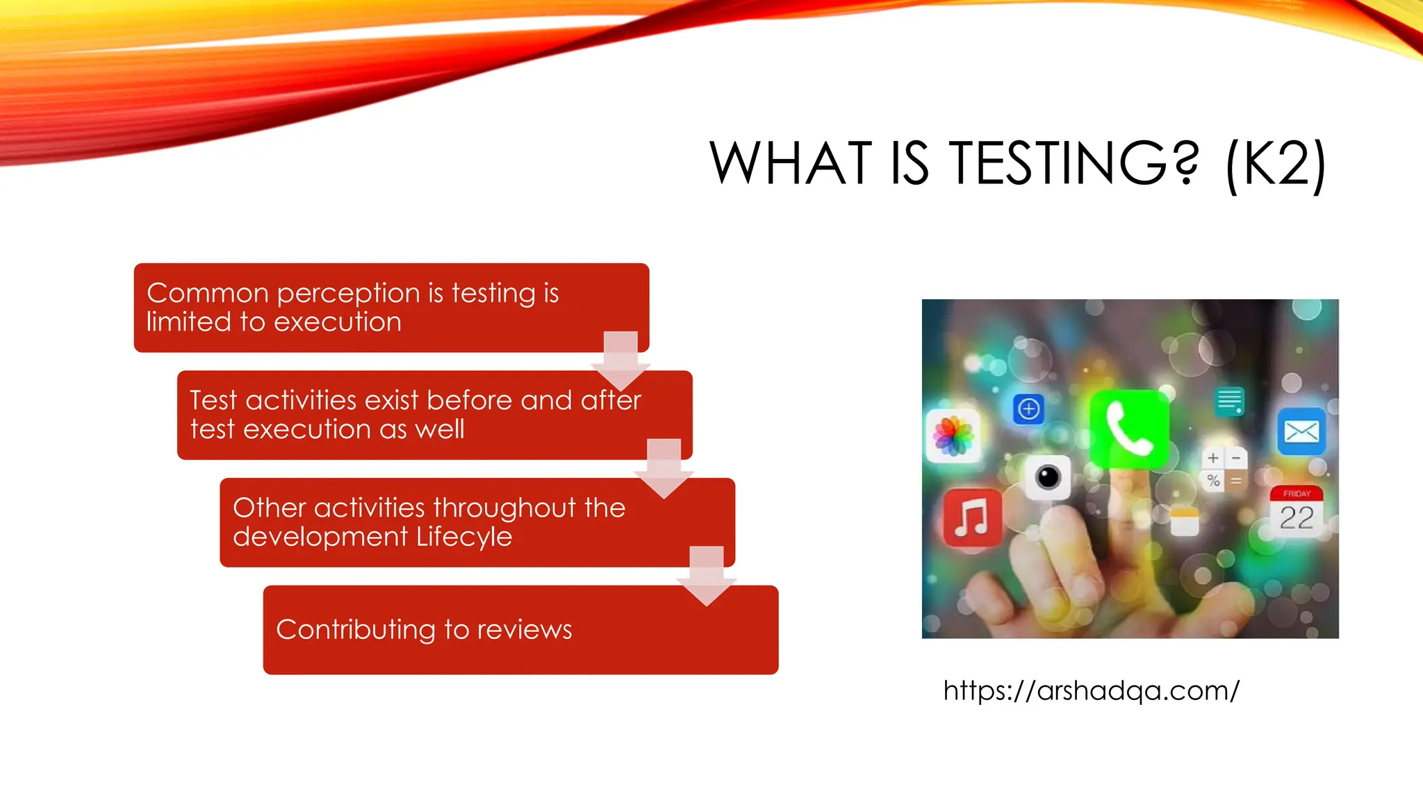 WHAT IS TESTING? (K2)
Common perception is testing is
limited to execution
Test activities exist before and after
test execution as well
Other activities throughout the
development Lifecyle
Contributing to reviews
https://arshadqa.com/
 
