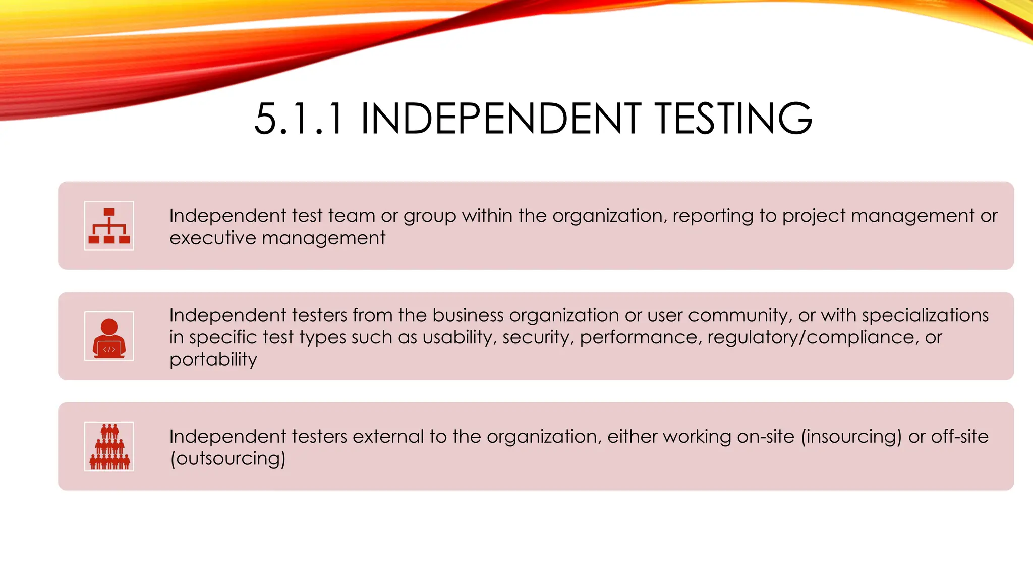 5.1.1 INDEPENDENT TESTING
Independent test team or group within the organization, reporting to project management or
executive management
Independent testers from the business organization or user community, or with specializations
in specific test types such as usability, security, performance, regulatory/compliance, or
portability
Independent testers external to the organization, either working on-site (insourcing) or off-site
(outsourcing)
 