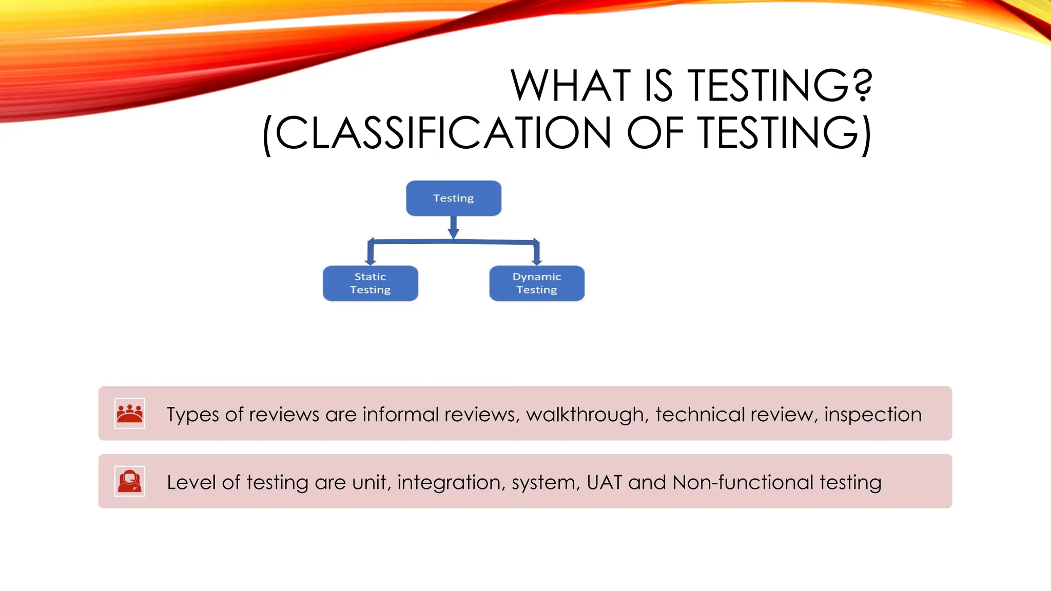WHAT IS TESTING?
(CLASSIFICATION OF TESTING)
Types of reviews are informal reviews, walkthrough, technical review, inspection
Level of testing are unit, integration, system, UAT and Non-functional testing
 