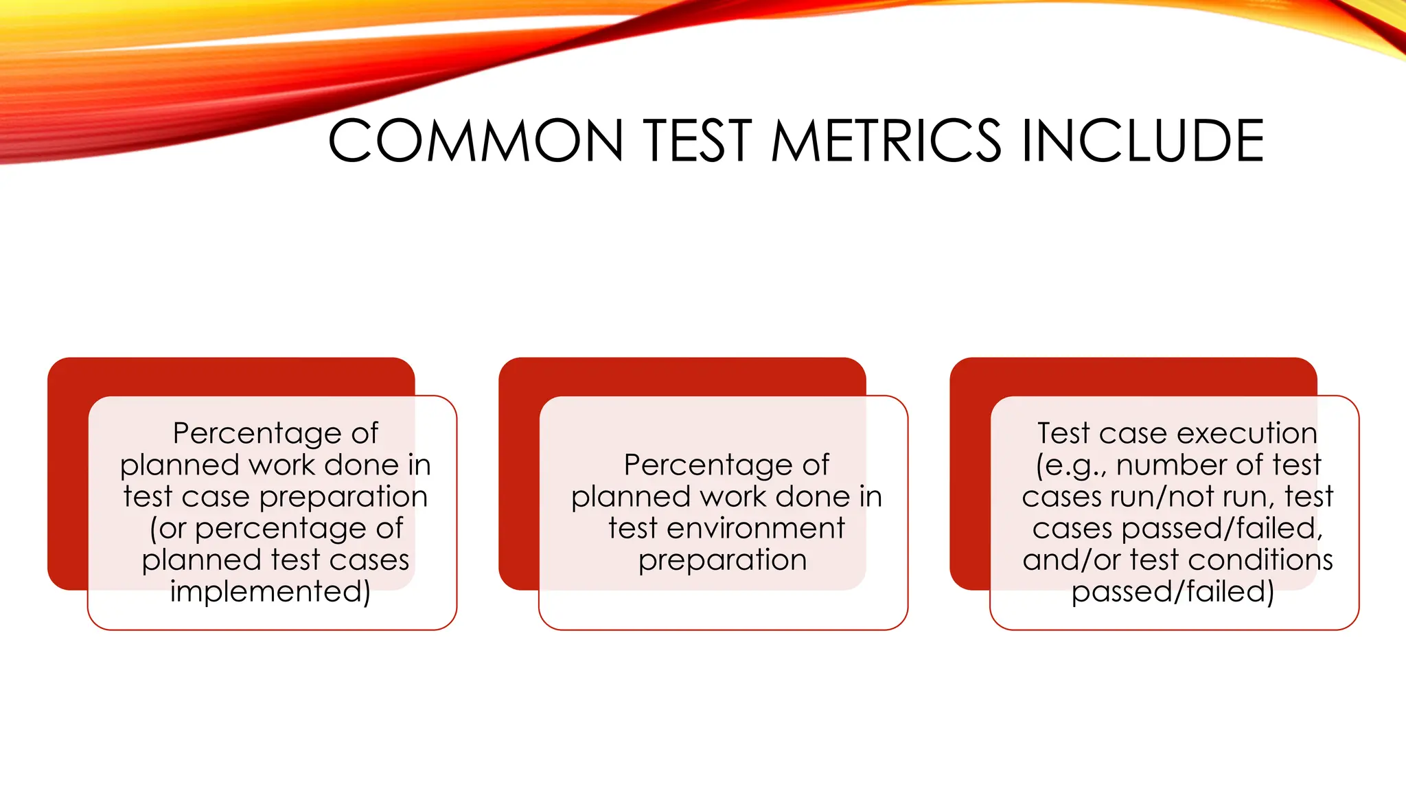 COMMON TEST METRICS INCLUDE
Percentage of
planned work done in
test case preparation
(or percentage of
planned test cases
implemented)
Percentage of
planned work done in
test environment
preparation
Test case execution
(e.g., number of test
cases run/not run, test
cases passed/failed,
and/or test conditions
passed/failed)
 