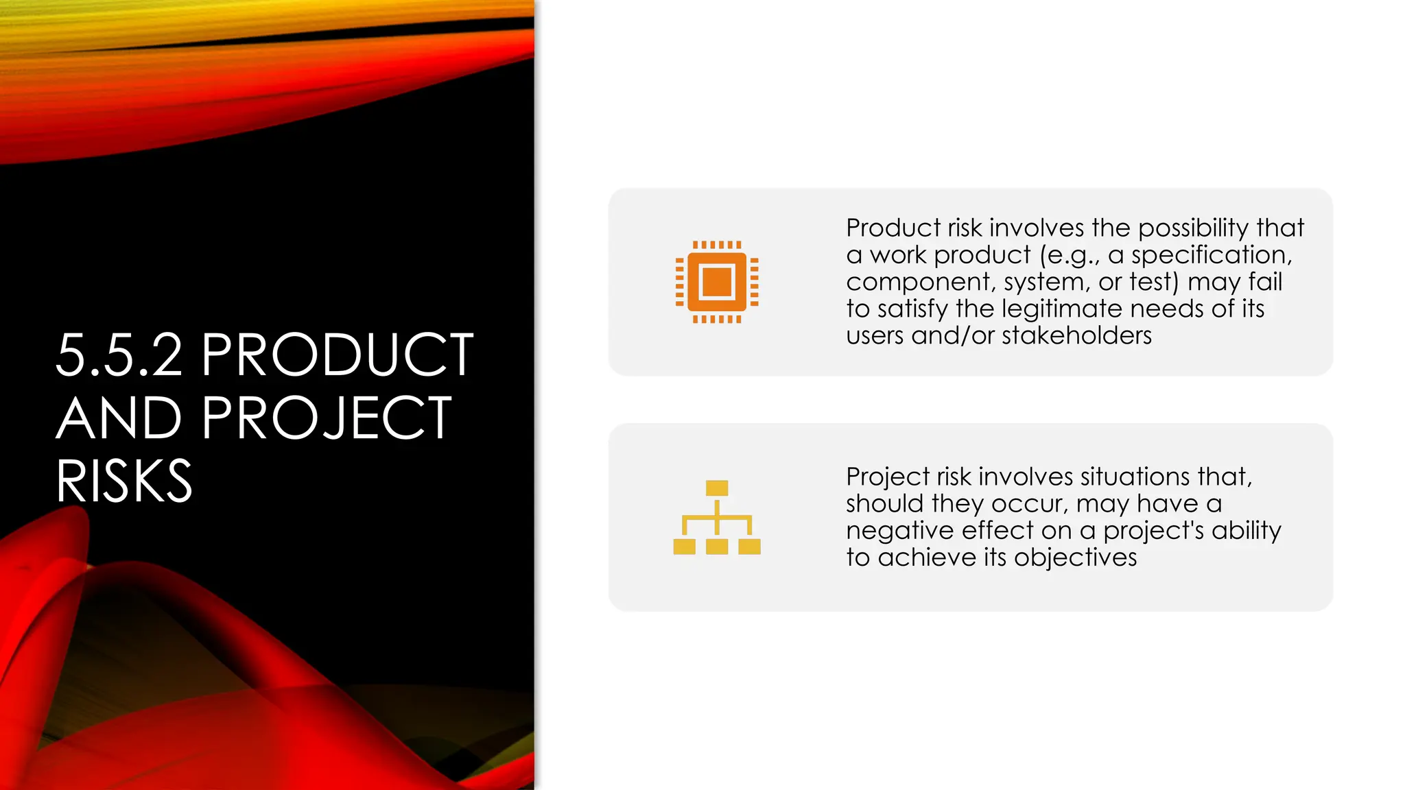 5.5.2 PRODUCT
AND PROJECT
RISKS
Product risk involves the possibility that
a work product (e.g., a specification,
component, system, or test) may fail
to satisfy the legitimate needs of its
users and/or stakeholders
Project risk involves situations that,
should they occur, may have a
negative effect on a project's ability
to achieve its objectives
 
