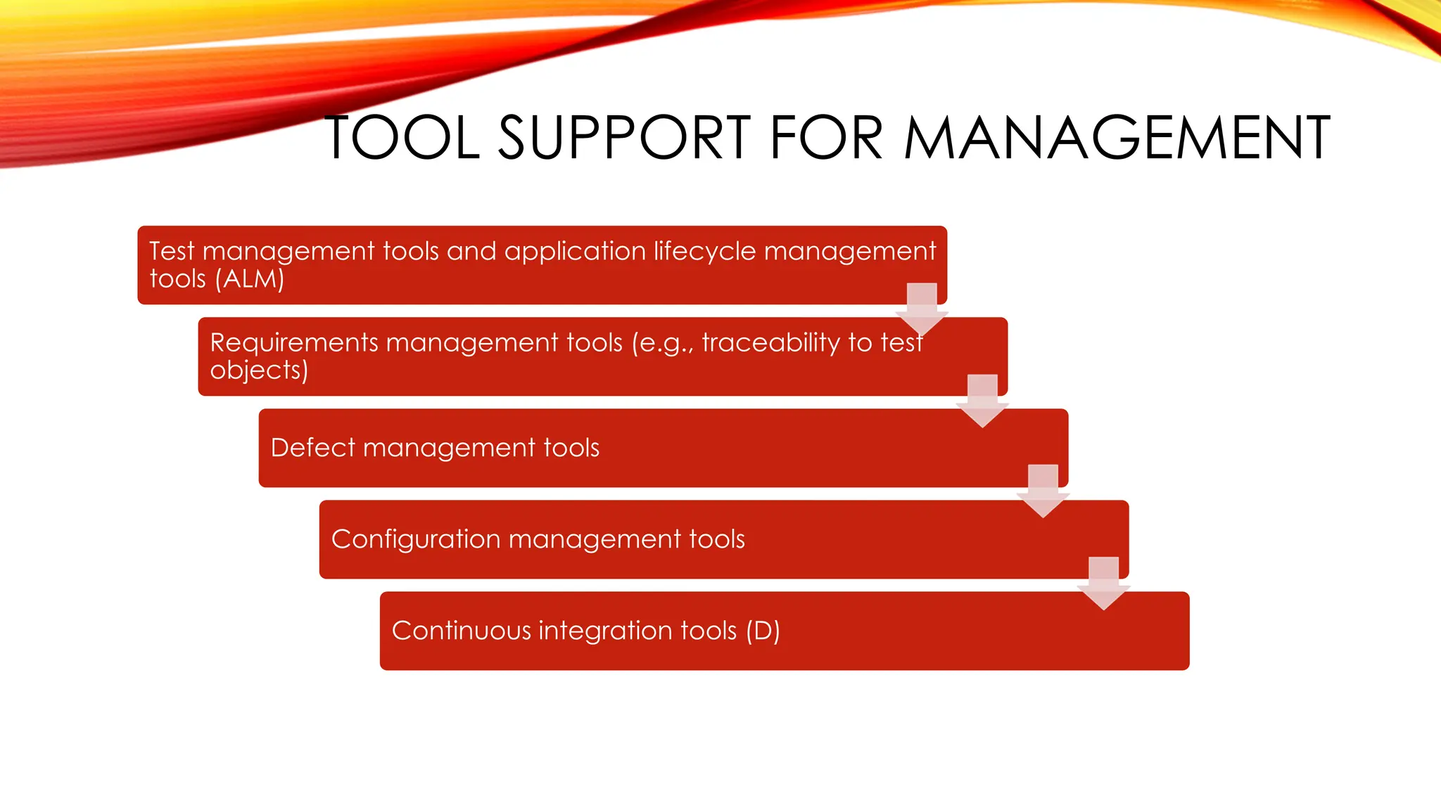 TOOL SUPPORT FOR MANAGEMENT
Test management tools and application lifecycle management
tools (ALM)
Requirements management tools (e.g., traceability to test
objects)
Defect management tools
Configuration management tools
Continuous integration tools (D)
 