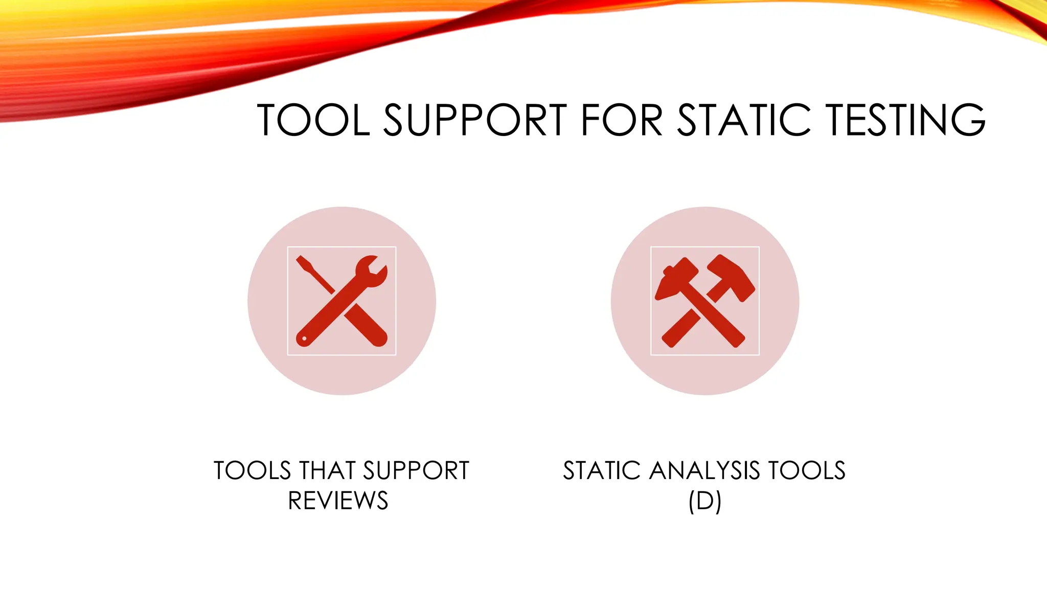 TOOL SUPPORT FOR STATIC TESTING
TOOLS THAT SUPPORT
REVIEWS
STATIC ANALYSIS TOOLS
(D)
 