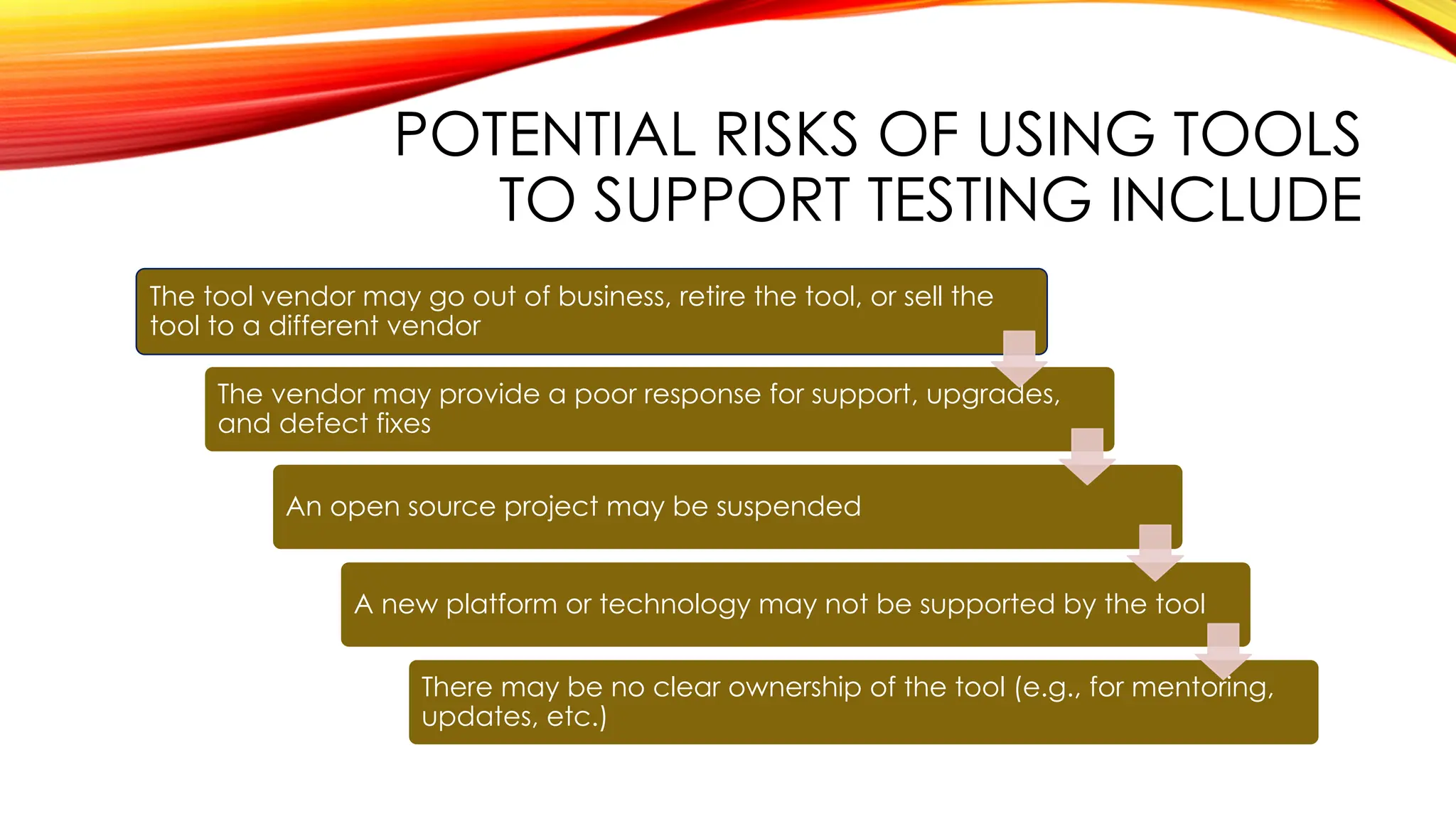 POTENTIAL RISKS OF USING TOOLS
TO SUPPORT TESTING INCLUDE
The tool vendor may go out of business, retire the tool, or sell the
tool to a different vendor
The vendor may provide a poor response for support, upgrades,
and defect fixes
An open source project may be suspended
A new platform or technology may not be supported by the tool
There may be no clear ownership of the tool (e.g., for mentoring,
updates, etc.)
 