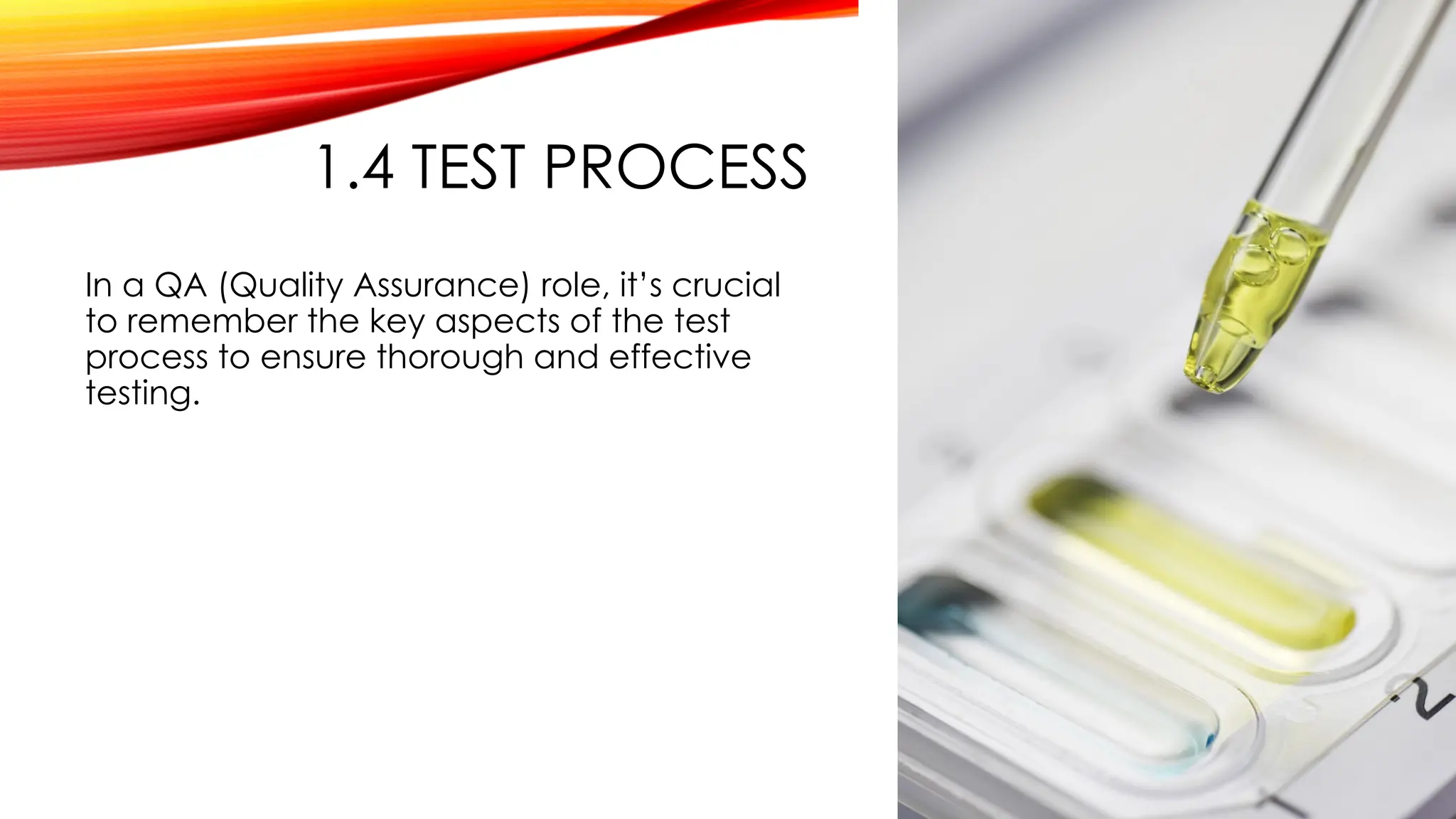 1.4 TEST PROCESS
In a QA (Quality Assurance) role, it’s crucial
to remember the key aspects of the test
process to ensure thorough and effective
testing.
 