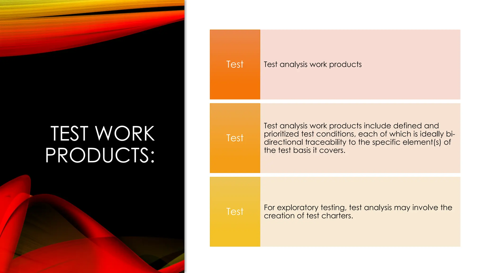 TEST WORK
PRODUCTS:
Test analysis work products
Test
Test analysis work products include defined and
prioritized test conditions, each of which is ideally bi-
directional traceability to the specific element(s) of
the test basis it covers.
Test
For exploratory testing, test analysis may involve the
creation of test charters.
Test
 