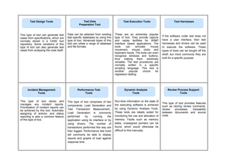 This type of tool can generate test
cases from specifications, which are
normally stored in a CASE tool
repository. Some variations of this
type of tool can also generate test
cases from analysing the code itself.
Data can be selected from existing
test specific databases by using this
type of tool. Advanced types of this
tool can utilise a range of database
and file formats.
These are an extremely popular
type of tool. They provide capture
and replay facilities for WIMP
interface based applications. The
tools can simulate mouse
movement, mouse clicks and
keyboard inputs. The tools can even
recognize windows and buttons,
thus making them extremely
versatile. The test procedures are
normally written in a specific
scripting language. This tool is
another popular choice for
regression testing.
If the software under test does not
have a user interface, then test
harnesses and drivers can be used
to execute the software. These
types of tools can be bought off the
shelf, but more commonly they are
built for a specific purpose.
This type of tool stores and
manages any incident reports.
Prioritisation of incident reports can
be achieved by this tool. Automatic
assigning of actions, and status
reporting is also a common feature
of this type of tool.
This type of tool comprises of two
components; Load Generation and
Test Transaction Measurement.,
Load Generation is commonly
performed by running the
application using its interface or by
using drivers. The number of
transactions performed this way are
then logged. Performance test tools
will commonly be able to display
reports and graphs of load against
response time.
Run-time information on the state of
the executing software is achieved
by using Dynamic Analysis Tools.
These tools are ideally suited for
monitoring the use and allocation of
memory. Faults such as memory
leaks, unassigned pointers can be
found, which would otherwise be
difficult to find manually.
This type of tool provides features
such as storing review comments,
review processes, traceability
between documents and source
code.
Test Data
Preparation Tool
Test Design Tools Test Execution Tools Test Harnesses
Incident Management
Tools
Performance Test
Tools
Dynamic Analysis
Tools
Review Process Support
Tools
 