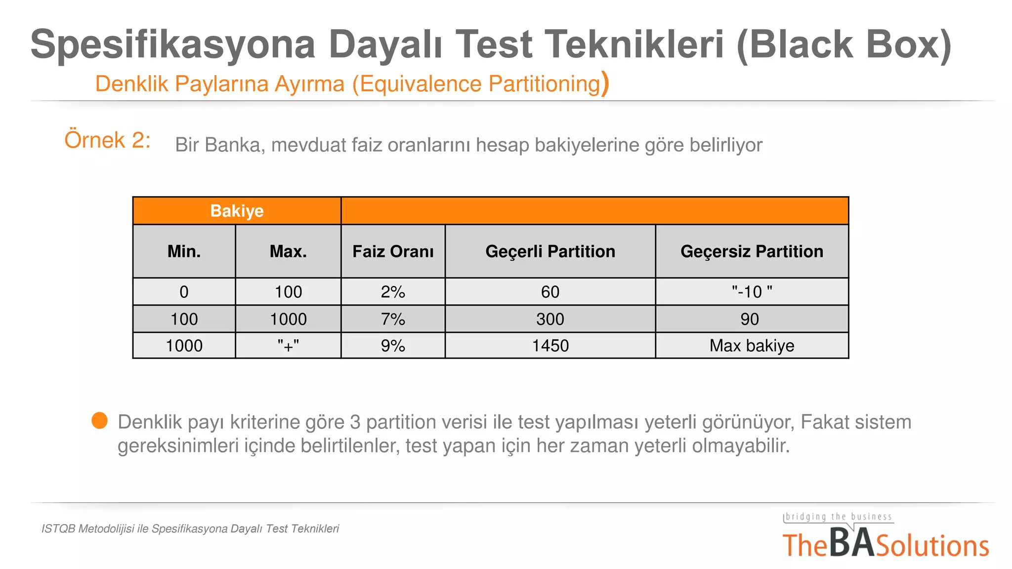 Spesifikasyona Dayalı Test Teknikleri (Black Box)
Denklik Paylarına Ayırma (Equivalence Partitioning)
ISTQB Metodolijisi ile Spesifikasyona Dayalı Test Teknikleri
Örnek 2: Bir Banka, mevduat faiz oranlarını hesap bakiyelerine göre belirliyor
Bakiye
Min. Max. Faiz Oranı Geçerli Partition Geçersiz Partition
0 100 2% 60 "-10 "
100 1000 7% 300 90
1000 "+" 9% 1450 Max bakiye
Denklik payı kriterine göre 3 partition verisi ile test yapılması yeterli görünüyor, Fakat sistem
gereksinimleri içinde belirtilenler, test yapan için her zaman yeterli olmayabilir.
 