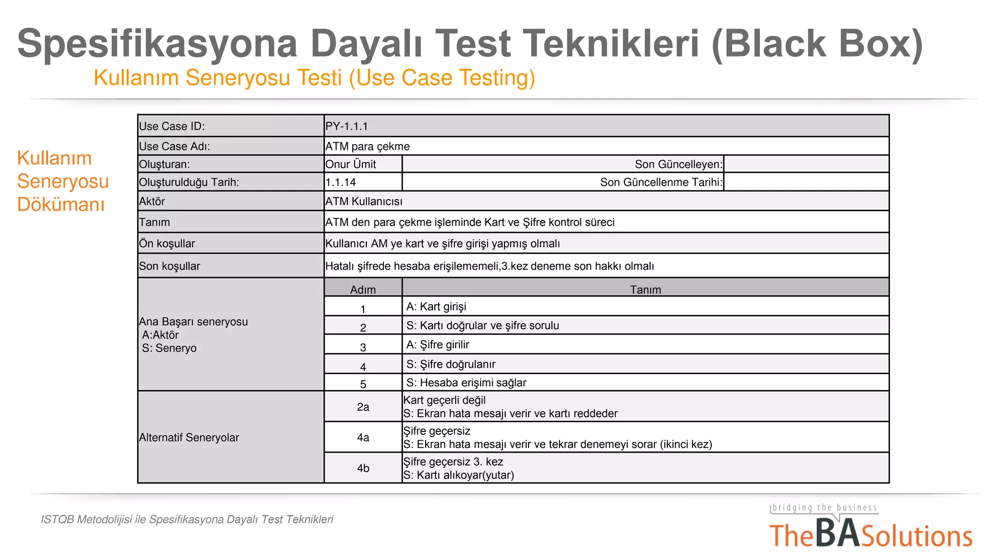 Spesifikasyona Dayalı Test Teknikleri (Black Box)
Kullanım Seneryosu Testi (Use Case Testing)
ISTQB Metodolijisi ile Spesifikasyona Dayalı Test Teknikleri
Use Case ID: PY-1.1.1
Use Case Adı: ATM para çekme
Oluşturan: Onur Ümit Son Güncelleyen:
Oluşturulduğu Tarih: 1.1.14 Son Güncellenme Tarihi:
Aktör ATM Kullanıcısı
Tanım ATM den para çekme işleminde Kart ve Şifre kontrol süreci
Ön koşullar Kullanıcı AM ye kart ve şifre girişi yapmış olmalı
Son koşullar Hatalı şifrede hesaba erişilememeli,3.kez deneme son hakkı olmalı
Ana Başarı seneryosu
A:Aktör
S: Seneryo
Adım Tanım
1 A: Kart girişi
2 S: Kartı doğrular ve şifre sorulu
3 A: Şifre girilir
4 S: Şifre doğrulanır
5 S: Hesaba erişimi sağlar
Alternatif Seneryolar
2a
Kart geçerli değil
S: Ekran hata mesajı verir ve kartı reddeder
4a
Şifre geçersiz
S: Ekran hata mesajı verir ve tekrar denemeyi sorar (ikinci kez)
4b
Şifre geçersiz 3. kez
S: Kartı alıkoyar(yutar)
Kullanım
Seneryosu
Dökümanı
 
