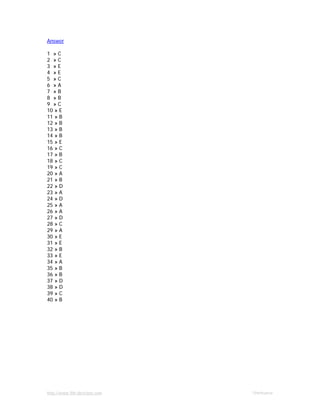 http://www.9th-direction.com Ohmkumar
Answer
1 » C
2 » C
3 » E
4 » E
5 » C
6 » A
7 » B
8 » B
9 » C
10 » E
11 » B
12 » B
13 » B
14 » B
15 » E
16 » C
17 » B
18 » C
19 » C
20 » A
21 » B
22 » D
23 » A
24 » D
25 » A
26 » A
27 » D
28 » C
29 » A
30 » E
31 » E
32 » B
33 » E
34 » A
35 » B
36 » B
37 » D
38 » D
39 » C
40 » B
 