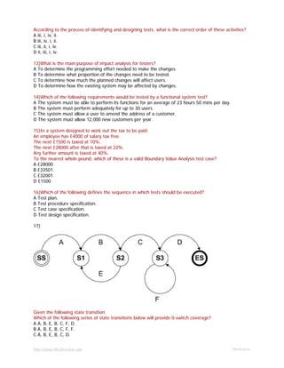 http://www.9th-direction.com Ohmkumar
According to the process of identifying and designing tests, what is the correct order of these activities?
A iii, i, iv, ii.
B iii, iv, i, ii.
C iii, ii, i, iv.
D ii, iii, i, iv.
13)What is the main purpose of impact analysis for testers?
A To determine the programming effort needed to make the changes.
B To determine what proportion of the changes need to be tested.
C To determine how much the planned changes will affect users.
D To determine how the existing system may be affected by changes.
14)Which of the following requirements would be tested by a functional system test?
A The system must be able to perform its functions for an average of 23 hours 50 mins per day.
B The system must perform adequately for up to 30 users.
C The system must allow a user to amend the address of a customer.
D The system must allow 12,000 new customers per year.
15)In a system designed to work out the tax to be paid:
An employee has £4000 of salary tax free.
The next £1500 is taxed at 10%.
The next £28000 after that is taxed at 22%.
Any further amount is taxed at 40%.
To the nearest whole pound, which of these is a valid Boundary Value Analysis test case?
A £28000.
B £33501.
C £32001.
D £1500.
16)Which of the following defines the sequence in which tests should be executed?
A Test plan.
B Test procedure specification.
C Test case specification.
D Test design specification.
17)
Given the following state transition
Which of the following series of state transitions below will provide 0-switch coverage?
A A, B, E, B, C, F, D.
B A, B, E, B, C, F, F.
C A, B, E, B, C, D.
 