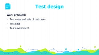 Test design
Work products:
• Test cases and sets of test cases
• Test data
• Test environment
 