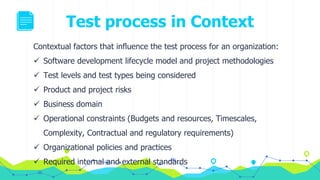 Test process in Context
Contextual factors that influence the test process for an organization:
 Software development lifecycle model and project methodologies
 Test levels and test types being considered
 Product and project risks
 Business domain
 Operational constraints (Budgets and resources, Timescales,
Complexity, Contractual and regulatory requirements)
 Organizational policies and practices
 Required internal and external standards
 