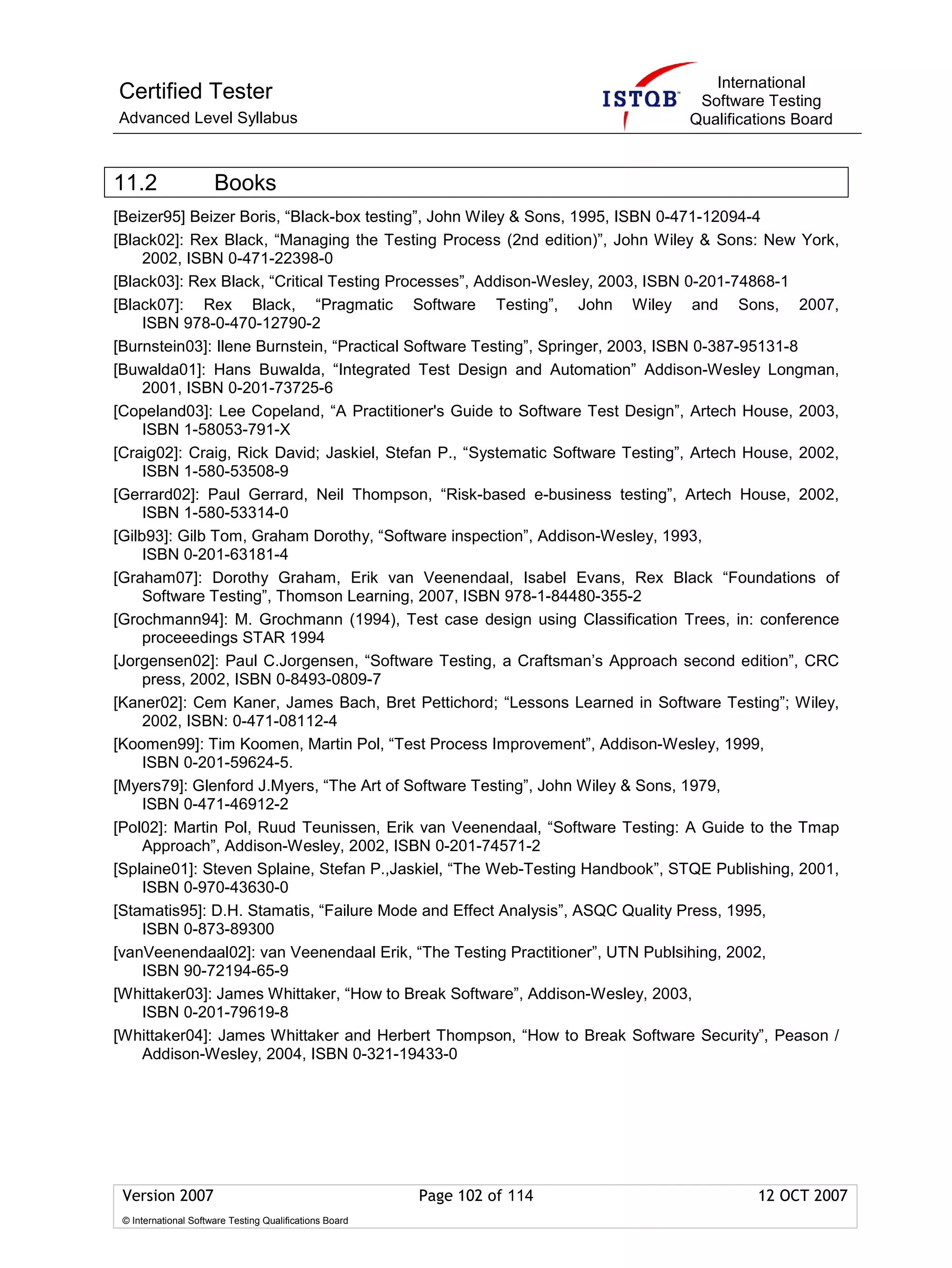 International
Certified Tester                                                                Software Testing
Advanced Level Syllabus                                                        Qualifications Board



11.2                  Books
[Beizer95] Beizer Boris, “Black-box testing”, John Wiley & Sons, 1995, ISBN 0-471-12094-4
[Black02]: Rex Black, “Managing the Testing Process (2nd edition)”, John Wiley & Sons: New York,
     2002, ISBN 0-471-22398-0
[Black03]: Rex Black, “Critical Testing Processes”, Addison-Wesley, 2003, ISBN 0-201-74868-1
[Black07]: Rex Black, “Pragmatic Software Testing”, John Wiley and Sons, 2007,
     ISBN 978-0-470-12790-2
[Burnstein03]: Ilene Burnstein, “Practical Software Testing”, Springer, 2003, ISBN 0-387-95131-8
[Buwalda01]: Hans Buwalda, “Integrated Test Design and Automation” Addison-Wesley Longman,
     2001, ISBN 0-201-73725-6
[Copeland03]: Lee Copeland, “A Practitioner's Guide to Software Test Design”, Artech House, 2003,
     ISBN 1-58053-791-X
[Craig02]: Craig, Rick David; Jaskiel, Stefan P., “Systematic Software Testing”, Artech House, 2002,
     ISBN 1-580-53508-9
[Gerrard02]: Paul Gerrard, Neil Thompson, “Risk-based e-business testing”, Artech House, 2002,
     ISBN 1-580-53314-0
[Gilb93]: Gilb Tom, Graham Dorothy, “Software inspection”, Addison-Wesley, 1993,
     ISBN 0-201-63181-4
[Graham07]: Dorothy Graham, Erik van Veenendaal, Isabel Evans, Rex Black “Foundations of
     Software Testing”, Thomson Learning, 2007, ISBN 978-1-84480-355-2
[Grochmann94]: M. Grochmann (1994), Test case design using Classification Trees, in: conference
     proceeedings STAR 1994
[Jorgensen02]: Paul C.Jorgensen, “Software Testing, a Craftsman’s Approach second edition”, CRC
     press, 2002, ISBN 0-8493-0809-7
[Kaner02]: Cem Kaner, James Bach, Bret Pettichord; “Lessons Learned in Software Testing”; Wiley,
     2002, ISBN: 0-471-08112-4
[Koomen99]: Tim Koomen, Martin Pol, “Test Process Improvement”, Addison-Wesley, 1999,
     ISBN 0-201-59624-5.
[Myers79]: Glenford J.Myers, “The Art of Software Testing”, John Wiley & Sons, 1979,
     ISBN 0-471-46912-2
[Pol02]: Martin Pol, Ruud Teunissen, Erik van Veenendaal, “Software Testing: A Guide to the Tmap
     Approach”, Addison-Wesley, 2002, ISBN 0-201-74571-2
[Splaine01]: Steven Splaine, Stefan P.,Jaskiel, “The Web-Testing Handbook”, STQE Publishing, 2001,
     ISBN 0-970-43630-0
[Stamatis95]: D.H. Stamatis, “Failure Mode and Effect Analysis”, ASQC Quality Press, 1995,
     ISBN 0-873-89300
[vanVeenendaal02]: van Veenendaal Erik, “The Testing Practitioner”, UTN Publsihing, 2002,
     ISBN 90-72194-65-9
[Whittaker03]: James Whittaker, “How to Break Software”, Addison-Wesley, 2003,
     ISBN 0-201-79619-8
[Whittaker04]: James Whittaker and Herbert Thompson, “How to Break Software Security”, Peason /
     Addison-Wesley, 2004, ISBN 0-321-19433-0




 Version 2007                                            Page 102 of 114                12 OCT 2007
 © International Software Testing Qualifications Board
 