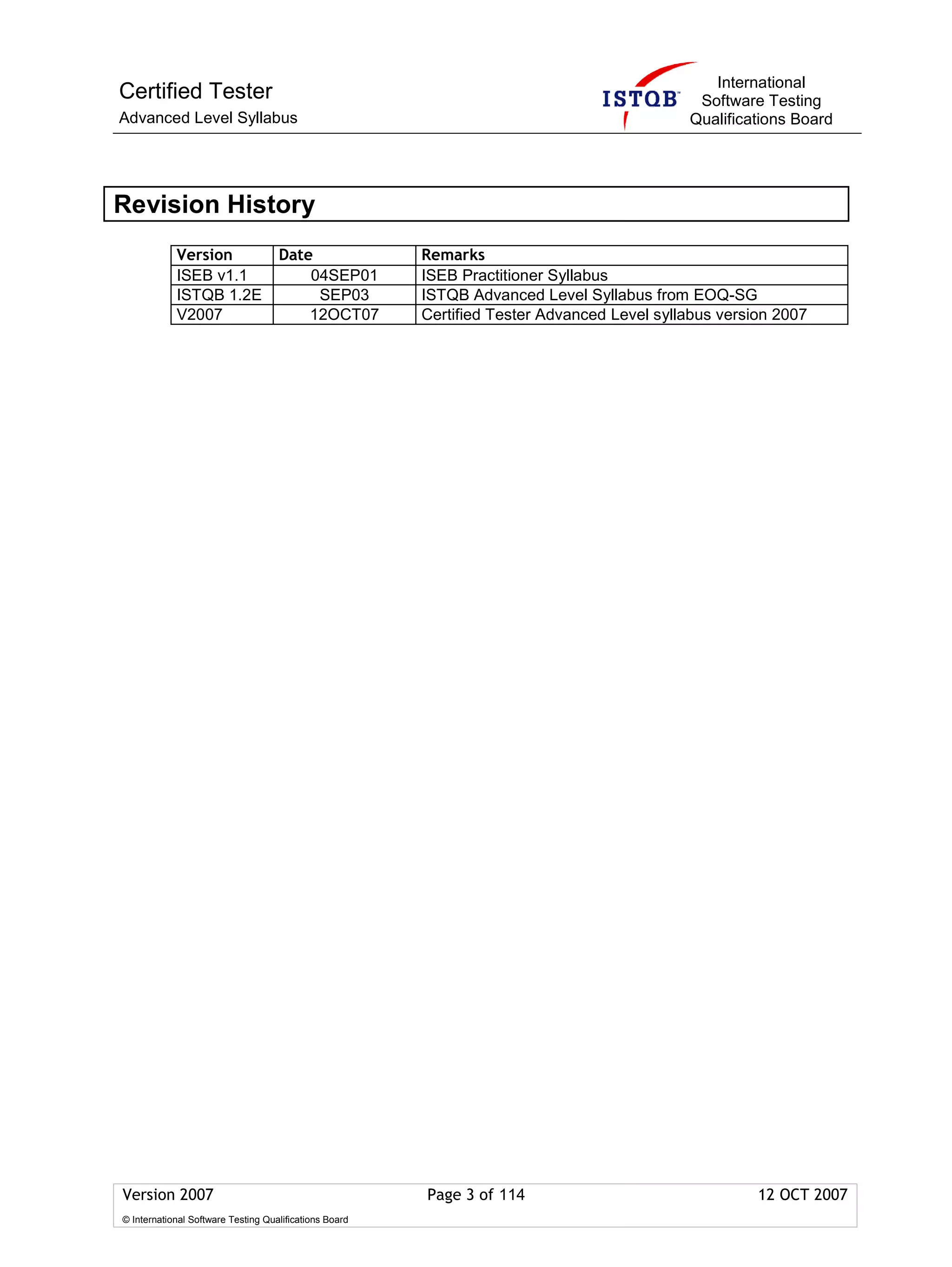 International
Certified Tester                                                                             Software Testing
Advanced Level Syllabus                                                                     Qualifications Board




Revision History
            Version                 Date                Remarks
            ISEB v1.1                   04SEP01         ISEB Practitioner Syllabus
            ISTQB 1.2E                   SEP03          ISTQB Advanced Level Syllabus from EOQ-SG
            V2007                       12OCT07         Certified Tester Advanced Level syllabus version 2007




Version 2007                                            Page 3 of 114                                 12 OCT 2007
© International Software Testing Qualifications Board
 