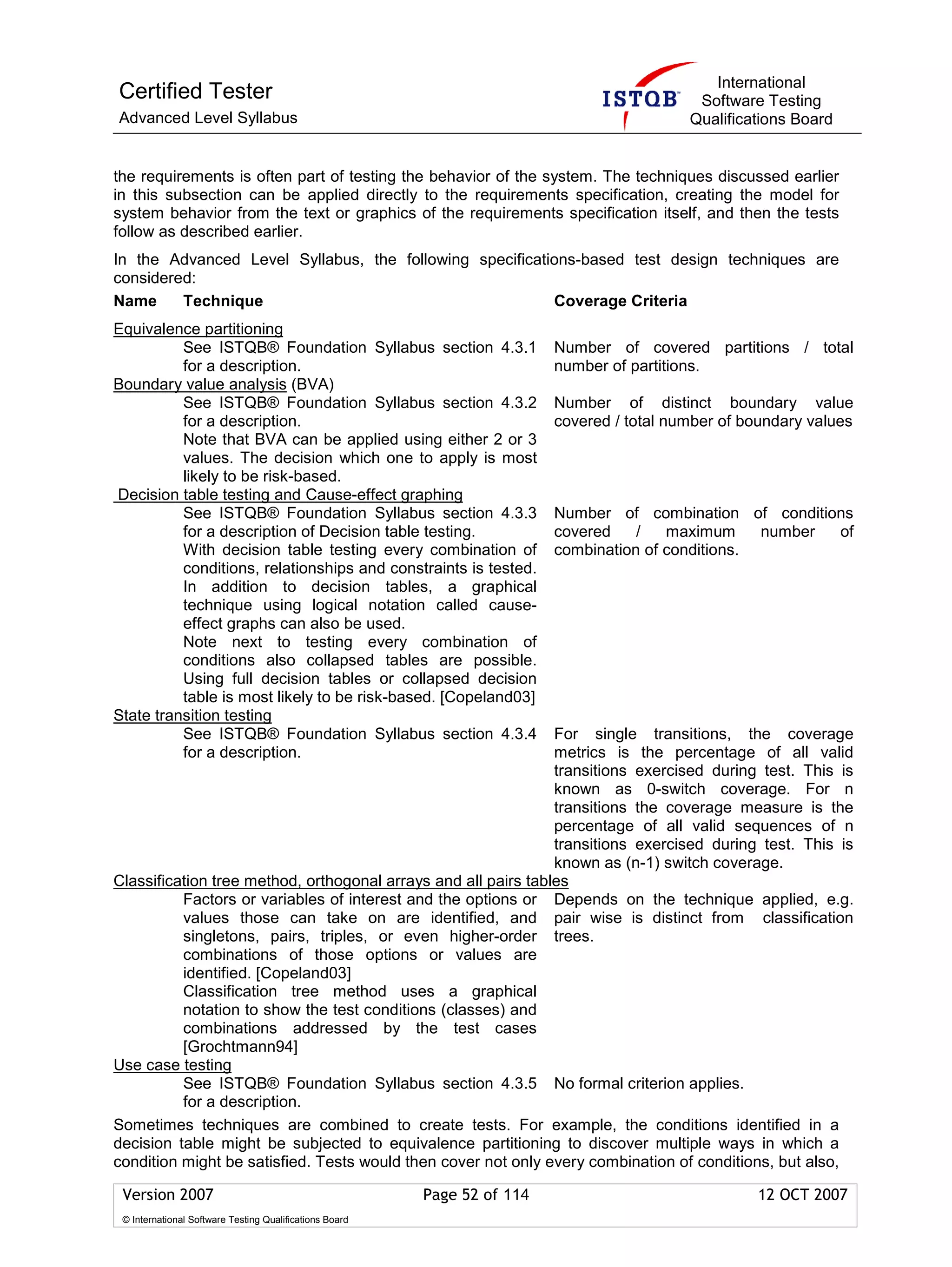 International
Certified Tester                                                                             Software Testing
Advanced Level Syllabus                                                                     Qualifications Board


the requirements is often part of testing the behavior of the system. The techniques discussed earlier
in this subsection can be applied directly to the requirements specification, creating the model for
system behavior from the text or graphics of the requirements specification itself, and then the tests
follow as described earlier.
In the Advanced Level Syllabus, the following specifications-based test design techniques are
considered:
Name     Technique                                       Coverage Criteria
Equivalence partitioning
          See ISTQB® Foundation Syllabus section 4.3.1                    Number of covered partitions / total
          for a description.                                              number of partitions.
Boundary value analysis (BVA)
          See ISTQB® Foundation Syllabus section 4.3.2                    Number of distinct boundary value
          for a description.                                              covered / total number of boundary values
          Note that BVA can be applied using either 2 or 3
          values. The decision which one to apply is most
          likely to be risk-based.
Decision table testing and Cause-effect graphing
          See ISTQB® Foundation Syllabus section 4.3.3                    Number of combination of conditions
          for a description of Decision table testing.                    covered    /   maximum     number of
          With decision table testing every combination of                combination of conditions.
          conditions, relationships and constraints is tested.
          In addition to decision tables, a graphical
          technique using logical notation called cause-
          effect graphs can also be used.
          Note next to testing every combination of
          conditions also collapsed tables are possible.
          Using full decision tables or collapsed decision
          table is most likely to be risk-based. [Copeland03]
State transition testing
          See ISTQB® Foundation Syllabus section 4.3.4          For single transitions, the coverage
          for a description.                                    metrics is the percentage of all valid
                                                                transitions exercised during test. This is
                                                                known as 0-switch coverage. For n
                                                                transitions the coverage measure is the
                                                                percentage of all valid sequences of n
                                                                transitions exercised during test. This is
                                                                known as (n-1) switch coverage.
Classification tree method, orthogonal arrays and all pairs tables
          Factors or variables of interest and the options or Depends on the technique applied, e.g.
          values those can take on are identified, and pair wise is distinct from classification
          singletons, pairs, triples, or even higher-order trees.
          combinations of those options or values are
          identified. [Copeland03]
          Classification tree method uses a graphical
          notation to show the test conditions (classes) and
          combinations addressed by the test cases
          [Grochtmann94]
Use case testing
          See ISTQB® Foundation Syllabus section 4.3.5 No formal criterion applies.
          for a description.
Sometimes techniques are combined to create tests. For example, the conditions identified in a
decision table might be subjected to equivalence partitioning to discover multiple ways in which a
condition might be satisfied. Tests would then cover not only every combination of conditions, but also,

 Version 2007                                            Page 52 of 114                              12 OCT 2007
 © International Software Testing Qualifications Board
 
