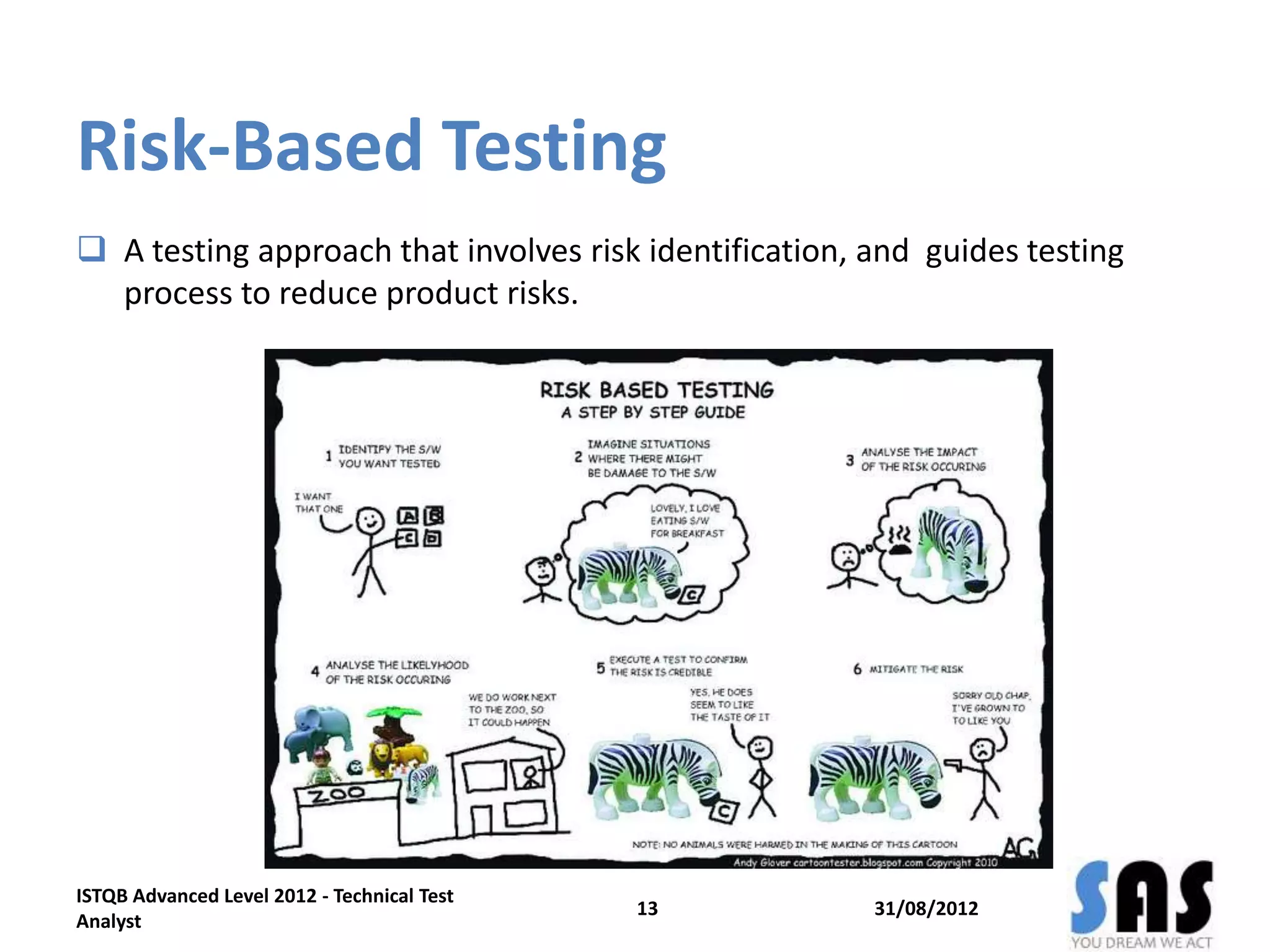Risk-Based Testing
 A testing approach that involves risk identification, and guides testing
process to reduce product risks.
31/08/2012
ISTQB Advanced Level 2012 - Technical Test
Analyst
13
 