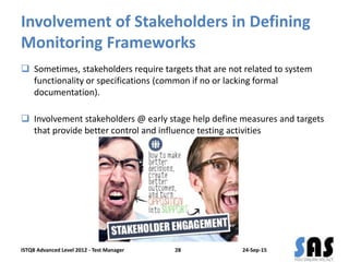 Involvement of Stakeholders in Defining
Monitoring Frameworks
 Sometimes, stakeholders require targets that are not related to system
functionality or specifications (common if no or lacking formal
documentation).
 Involvement stakeholders @ early stage help define measures and targets
that provide better control and influence testing activities
24-Sep-15ISTQB Advanced Level 2012 - Test Manager 28
 