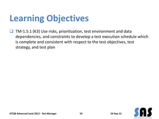 Learning Objectives
 TM-1.5.1 (K3) Use risks, prioritization, test environment and data
dependencies, and constraints to develop a test execution schedule which
is complete and consistent with respect to the test objectives, test
strategy, and test plan
24-Sep-15ISTQB Advanced Level 2012 - Test Manager 54
 