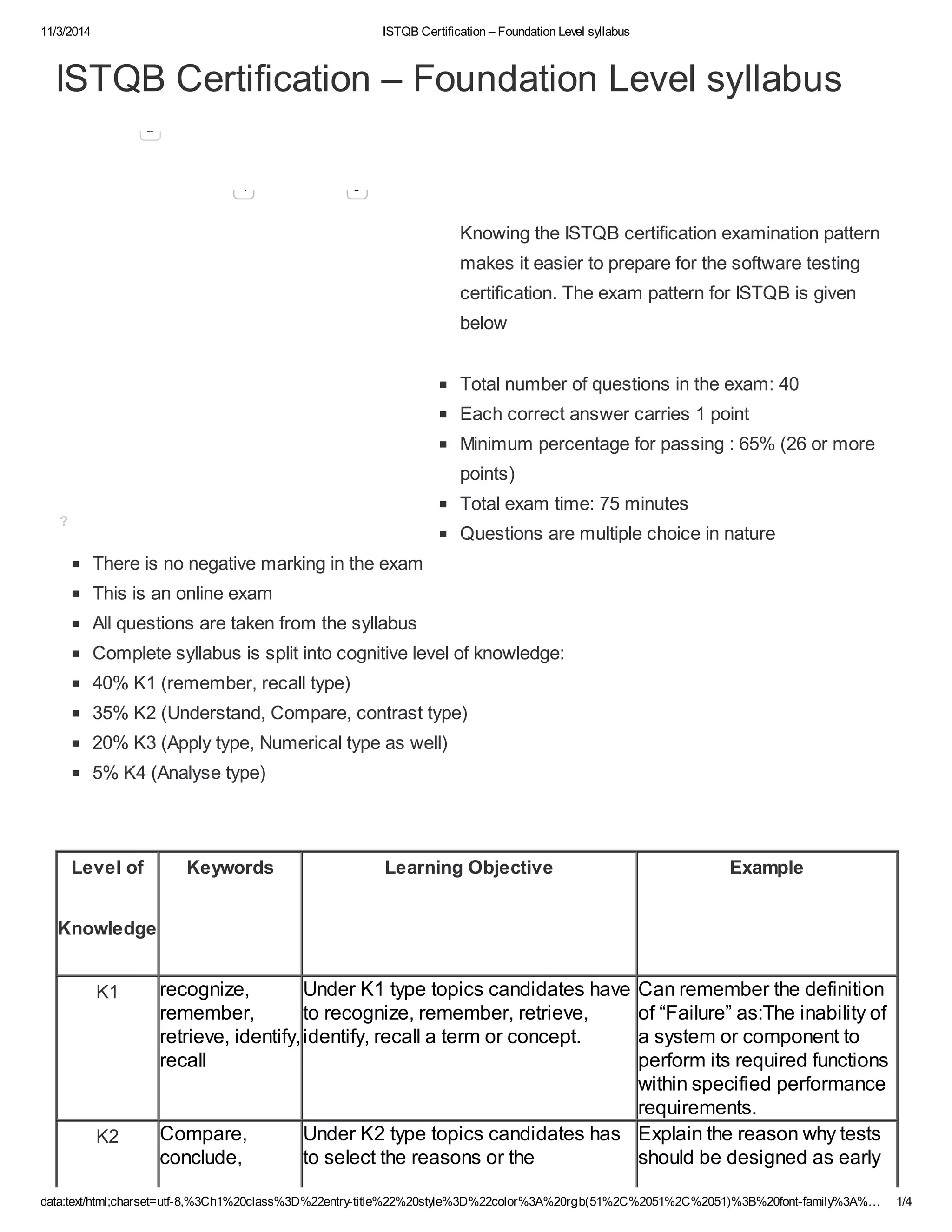 11/3/2014 ISTQB Certification – Foundation Level syllabus
data:text/html;charset=utf-8,%3Ch1%20class%3D%22entry-title%22%20style%3D%22color%3A%20rgb(51%2C%2051%2C%2051)%3B%20font-family%3A%… 1/4
ISTQB Certification – Foundation Level syllabus
Knowing the ISTQB certification examination pattern
makes it easier to prepare for the software testing
certification. The exam pattern for ISTQB is given
below
Total number of questions in the exam: 40
Each correct answer carries 1 point
Minimum percentage for passing : 65% (26 or more
points)
Total exam time: 75 minutes
Questions are multiple choice in nature
There is no negative marking in the exam
This is an online exam
All questions are taken from the syllabus
Complete syllabus is split into cognitive level of knowledge:
40% K1 (remember, recall type)
35% K2 (Understand, Compare, contrast type)
20% K3 (Apply type, Numerical type as well)
5% K4 (Analyse type)
Level of
Knowledge
Keywords Learning Objective Example
K1 recognize,
remember,
retrieve, identify,
recall
Under K1 type topics candidates have
to recognize, remember, retrieve,
identify, recall a term or concept.
Can remember the definition
of “Failure” as:The inability of
a system or component to
perform its required functions
within specified performance
requirements.
K2 Compare,
conclude,
Under K2 type topics candidates has
to select the reasons or the
Explain the reason why tests
should be designed as early
?
5
4 9
 