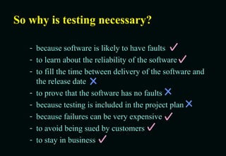 So why is testing necessary? because software is likely to have faults to learn about the reliability of the software to fill the time between delivery of the software and the release date to prove that the software has no faults because testing is included in the project plan because failures can be very expensive to avoid being sued by customers to stay in business 