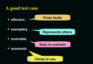 A good test case effective exemplary evolvable economic Finds faults Represents others Easy to maintain Cheap to use 