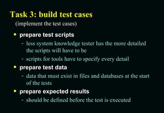 Task 3: build test cases prepare test scripts less system knowledge tester has the more detailed the scripts will have to be scripts for tools have to specify every detail prepare test data data that must exist in files and databases at the start of the tests prepare expected results should be defined before the test is executed (implement the test cases) 
