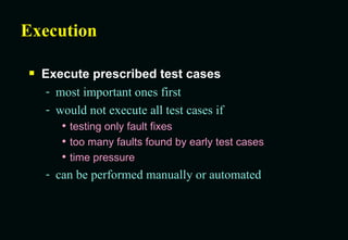 Execution Execute prescribed test cases most important ones first would not execute all test cases if testing only fault fixes too many faults found by early test cases time pressure  can be performed manually or automated 