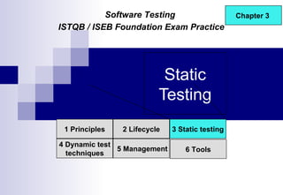 Static Testing 1 Principles 2 Lifecycle 4 Dynamic test techniques 3 Static testing 5 Management 6 Tools Software Testing  ISTQB / ISEB Foundation Exam Practice Chapter 3  