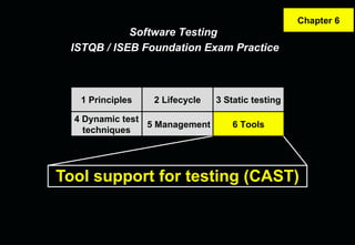 Tool support for testing (CAST) 1 Principles 2 Lifecycle 4 Dynamic test techniques 3 Static testing 5 Management 6 Tools Software Testing  ISTQB / ISEB Foundation Exam Practice Chapter 6 
