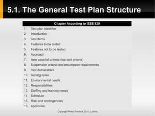5.1. The General Test Plan Structure
5.1. The General Test Plan Structure
Copyright Petro Porchuk 2010. Lohika
Chapter According to IEEE 829
1. Test plan identifier
2. Introduction
3. Test items
4. Features to be tested
5. Features not to be tested
6. Approach
7. Item pass/fail criteria (test exit criteria)
8. Suspension criteria and resumption requirements
9. Test deliverables
10. Testing tasks
11. Environmental needs
12. Responsibilities
13. Staffing and training needs
14. Schedule
15. Risk and contingencies
16. Approvals
 