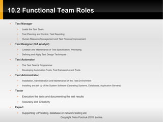 10.2 Functional Team Roles
10.2 Functional Team Roles
Copyright Petro Porchuk 2010. Lohika
 Test Manager
 Leads the Test Team
 Test Planning and Control, Test Reporting
 Human Resource Management and Test Process Improvement
 Test Designer (QA Analyst)
 Creation and Maintenance of Test Specification. Prioritizing
 Defining and Apply Test Design Techniques
 Test Automator
 The Test Team's Programmer
 Developing Automation Tests, Test frameworks and Tools
 Test Administrator
 Installation, Administration and Maintenance of the Test Environment
 Installing and set up of the System Software (Operating Systems, Databases, Application Servers)
 Tester
 Execution the tests and documenting the test results
 Accuracy and Creativity
 Expert
 Supporting L/P testing, database or network testing etc
 