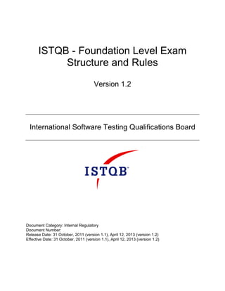 ISTQB - Foundation Level Exam
Structure and Rules
Version 1.2
International Software Testing Qualifications Board
Document Category: Internal Regulatory
Document Number:
Release Date: 31 October, 2011 (version 1.1), April 12, 2013 (version 1.2)
Effective Date: 31 October, 2011 (version 1.1), April 12, 2013 (version 1.2)
 
