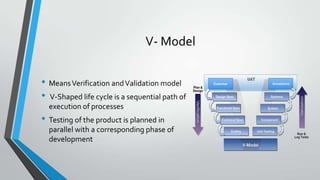 V- Model
• Means Verification and Validation model
• V-Shaped life cycle is a sequential path of
execution of processes

• Testing of the product is planned in
parallel with a corresponding phase of
development

 