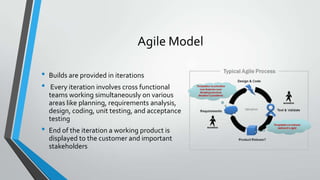 Agile Model
•
•

•

Builds are provided in iterations
Every iteration involves cross functional
teams working simultaneously on various
areas like planning, requirements analysis,
design, coding, unit testing, and acceptance
testing
End of the iteration a working product is
displayed to the customer and important
stakeholders

 